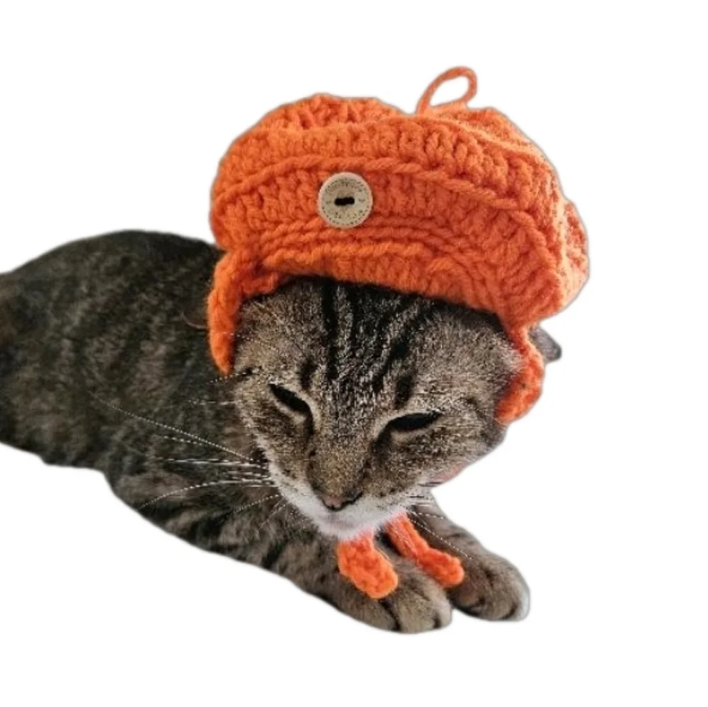 Handmade Halloween Crochet Pumpkin Hat for Cats or Small Dogs – Fall Pet Costume - Picture 3 of 16